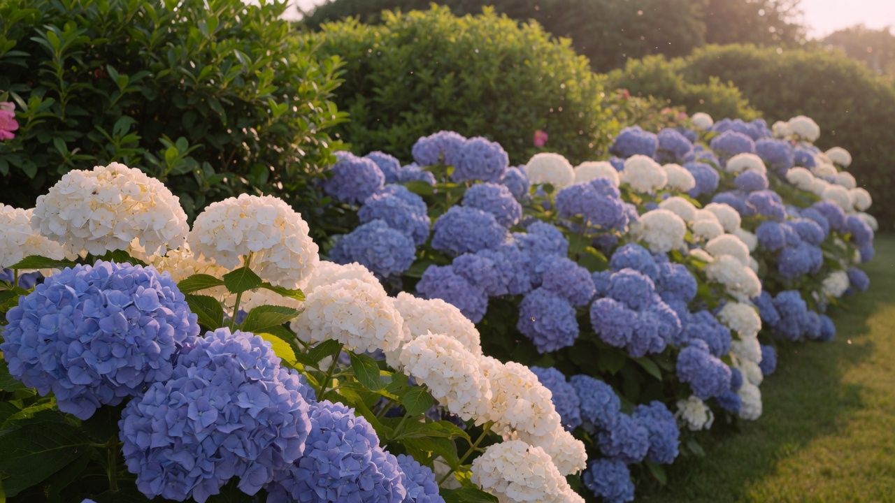 Blue and white hydrangeas in a deep garden border at dusk