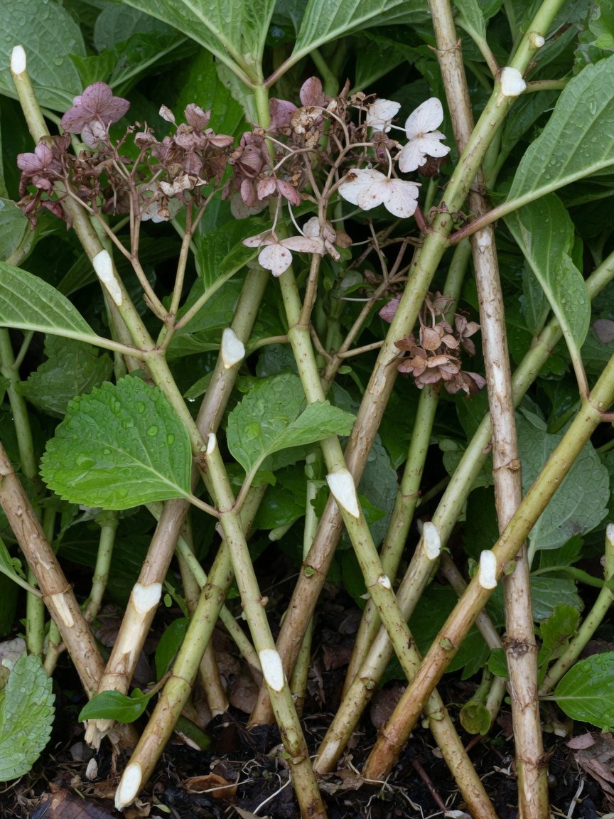 Hydrangea stems cut by hand, still wet