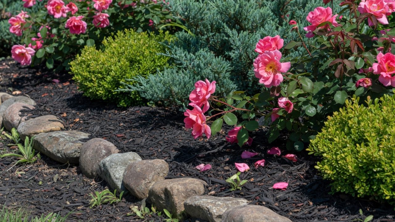 Pink shrub roses along a stone edge